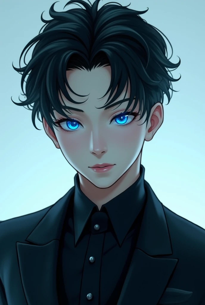 A beautiful glowing ocean blue eyes Handsome boy with black suit and black big hair like anime 