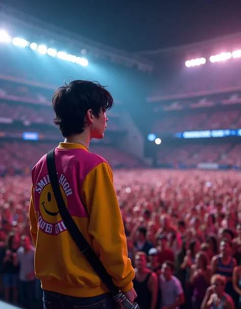 sold out stadium concert, rock concert, night, pov from the stage to the crowd, weisser dünner American teen male 20 jahre alt mit mittellangen schwarzen haaren schaut in die camera, mit gelb pink jersey pullover mit "smile high club" on the front with a s...