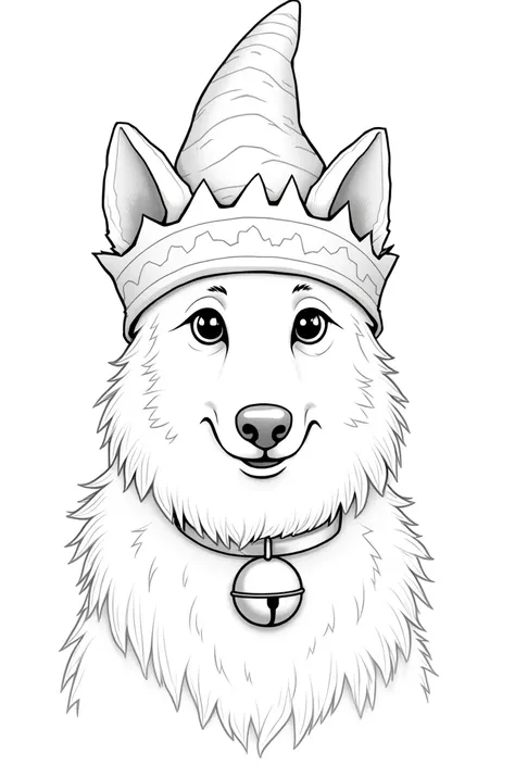 beautiful Border Collie with big eyes as Christmas elf pointed hat and bell on collar in Peaky Blinders style as coloring picture in black and white 