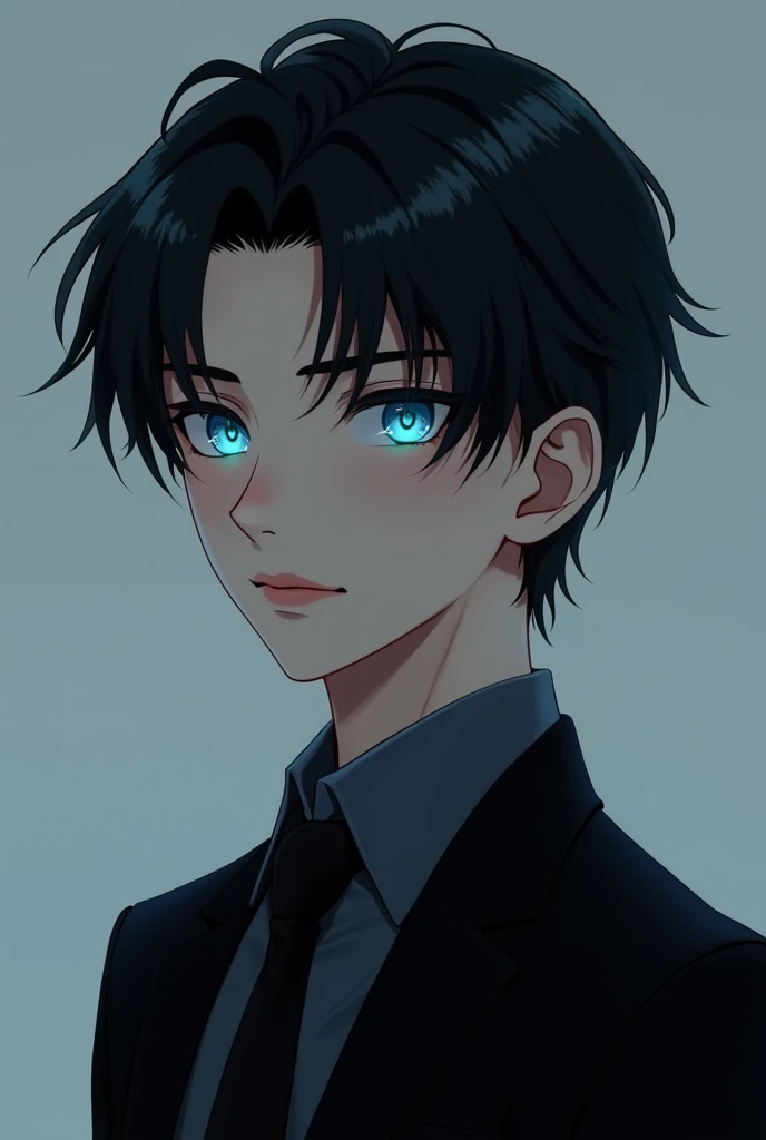 A beautiful glowing ocean blue eyes Handsome boy with black suit and black big hair like realistic anime