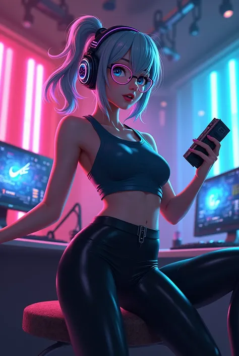 Anime girl gamer in latex  leggings, headphones and glasses