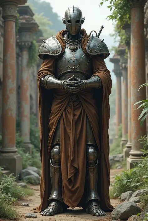 A warforged monk with a brown robe with