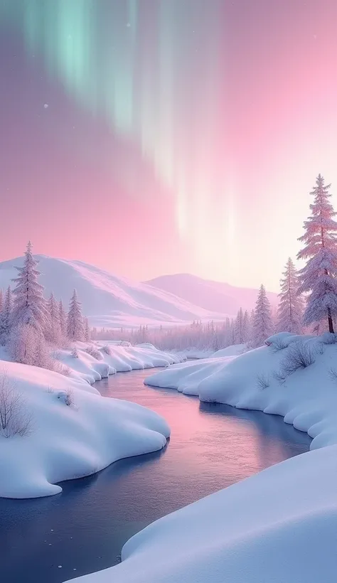 Create a serene snow-covered landscape in a snowy country setting, all infused with a soft, pale pink hue. In the foreground, gently rolling hills are covered in thick layers of untouched snow, creating a tranquil expanse. Above, a stunning aurora dances a...