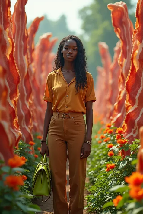 Brown Girl with green purse in bacon garden