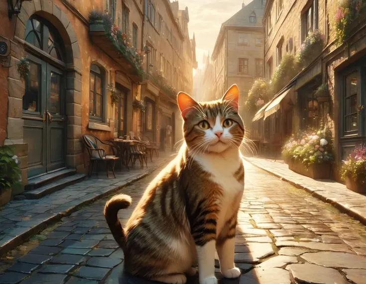 ((best quality)), ((excellent)), (details), 8k, "a woman exploring a charming european city, with a cat following closely behind...