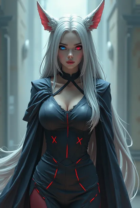 Big Breasts,Silver hair,Left eye is blue,Right eye is red,In the eyes is a cross shape.,Wearing a teacher&#39;s uniform,Animal ears,Red highlights in the middle