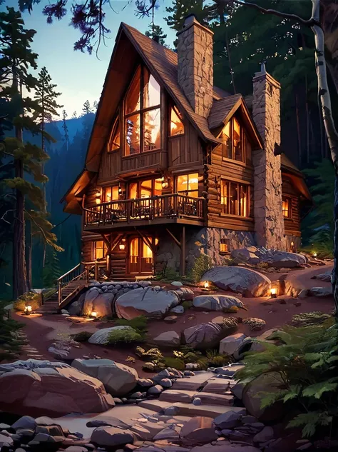 awesome cabin home , amazing lighting, exterior shot set in forest