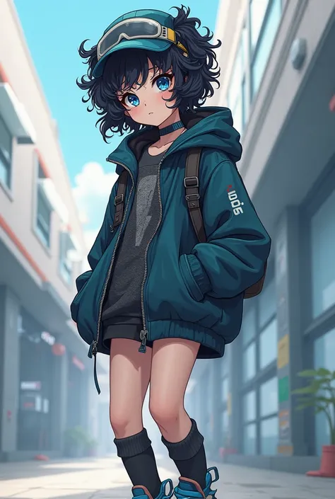 Black Hair,Curly hair, Blue Eyes, Droopy eyes, Anime,Clean small surfaces,A cool person, Best Quality、ウルトラ - High resolution、High resolution、Detailed CG、8K Unit Wallpaper、、Beautiful and beautiful eyes、Street Fashion、Oversized zip-up blouson、Long socks、Tech...