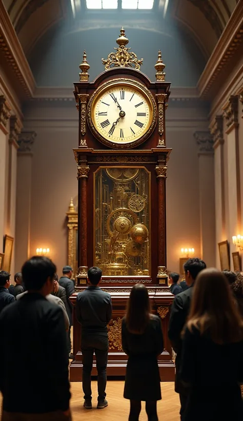 The Clocks Legacy: The clock displayed in a museum or gallery, surrounded by people admiring it, signifying its importance and the story behind it.
