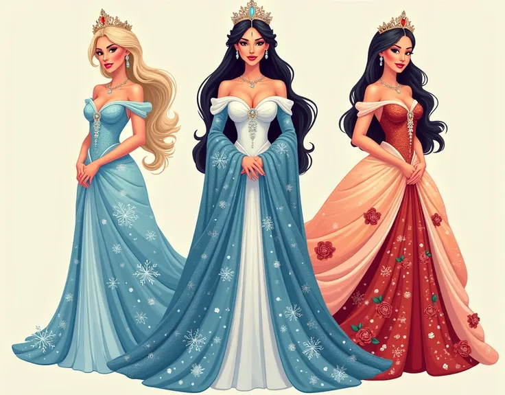 ((Detailed Photos)), Three beautiful queens gazing enchantedly at the camera, The Snow Queen in the Snowflake Dress, the Moon Queen in the Pearl Dress, and the Flower Queen in the Rose Dress, crown, Thick outline, Flat Color