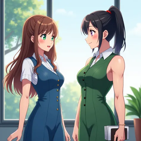 anime woman, cute, brown hair, green eyes, long hair, blue sleeveless buttonless dress above shirt, knee length hemline, white short sleeved shirt underneath dress, with collars, in an office. 

next to another woman, wearing sleeveless green dress, button...