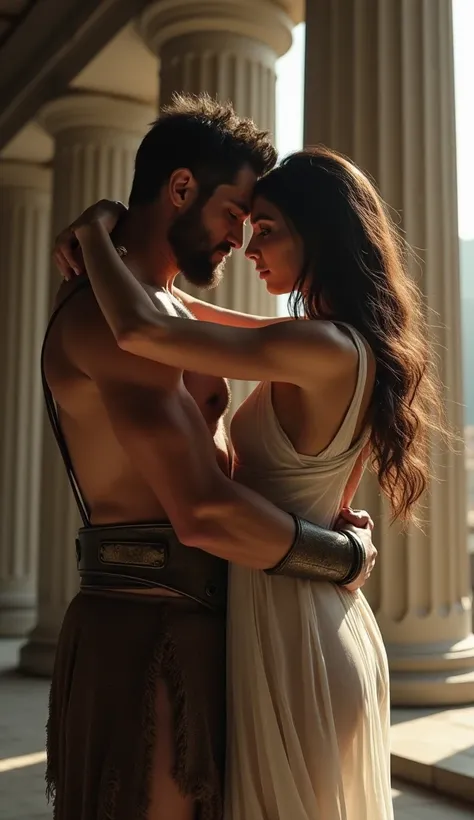 Ares, the god of war, with a muscular, imposing physique, embraces Aphrodite, the goddess of love, her delicate form wrapped around him intimately, their bodies barely covered in fine, sheer fabrics, set in ancient Greece, Ares wearing minimal bronze armor...