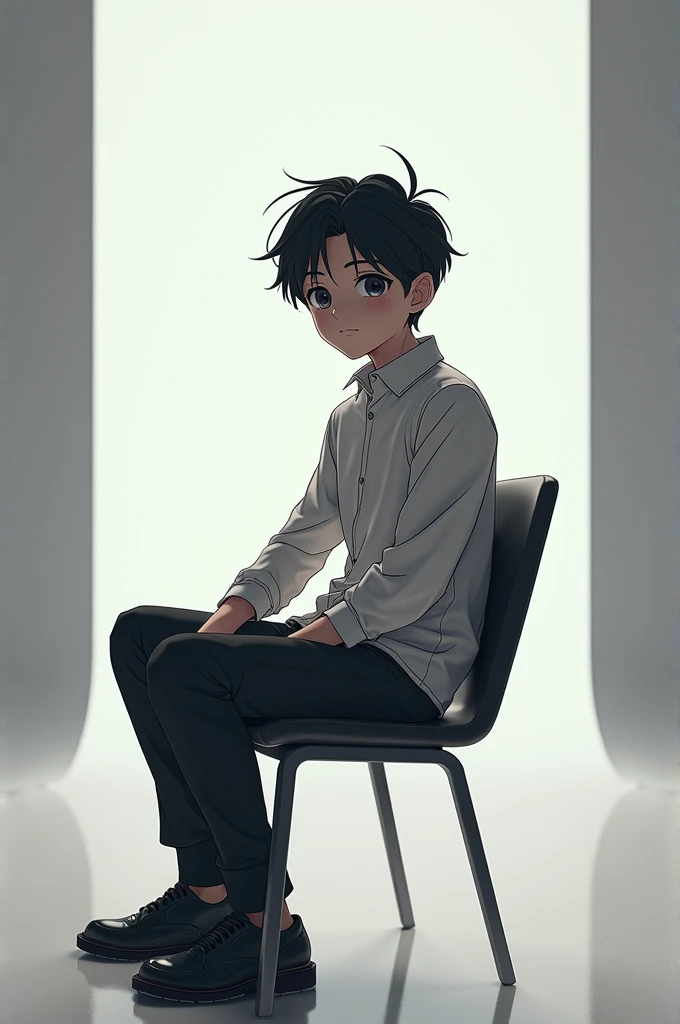 Handsome anime ai boy looking in front sitting on chair in studio