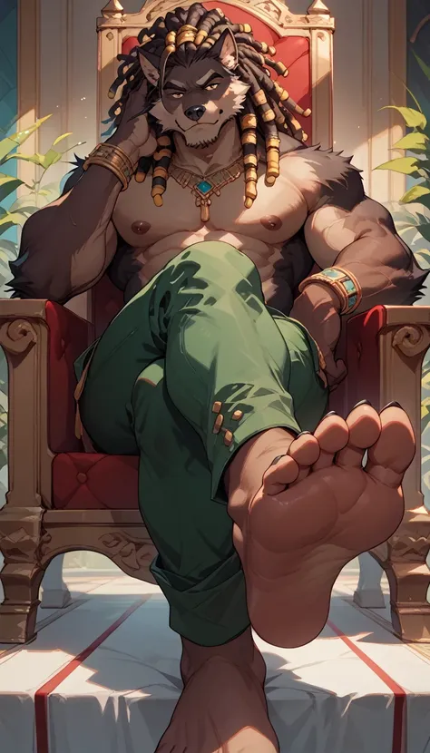 big, furry, muscular male, black wolf, dreadlocks hair, mature man, sitting on throne, barefoot, green pants, topless, crossed l...