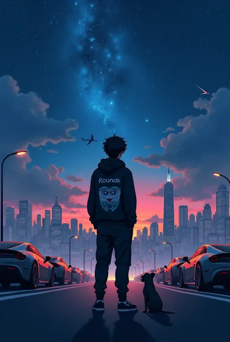 One boy standing on road in night and wearing black hoodi and joggers in back side of the boy a beautiful city scene and a beautiful sky scene and lighting effect and aeroplane causing to sky and so many costly cars back on a boy and right back side of the...