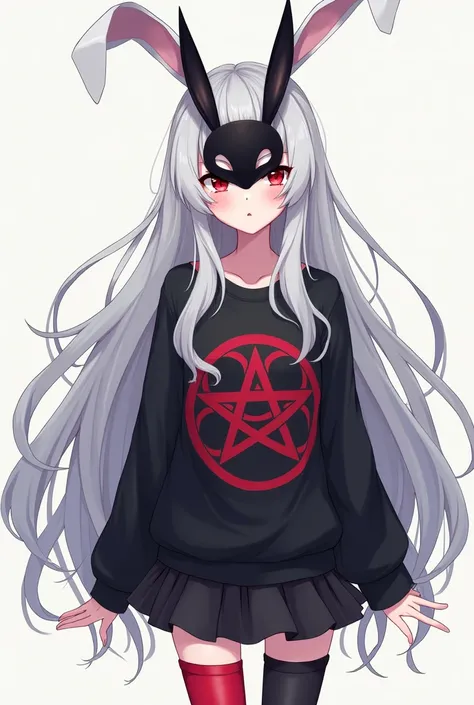 Beautiful girl with long white hair, half of the face covered by a black rabbit mask, pretty eyes, cute white body, a black sweater with a red logo, and a black skirt and long stockings with red and gray Anime version or drawing