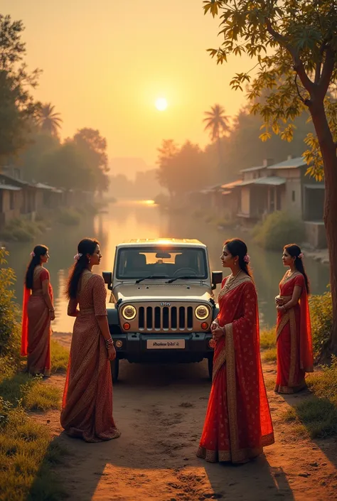 Beautiful Women In saree Indian village With Mahindra Thar Sunset With River