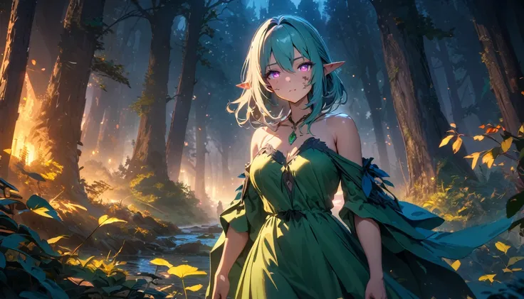 Girl, woman, masterpiece, Best quality,  Nightelf, glowing eyes, colored skin, mark on the face, mature female, green dress, leaves, jewelry, looks at the viewer, the forest, Night, bare shoulders natural style, Cowboy Shot, бthe forestтящий, бthe forestтя...