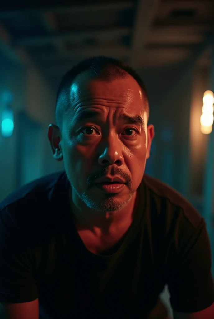 Dramatic film scence shot,filmic look,dramatic dark lighting,shock expression,middle age Malay man,wearing black t shirt,short hair,beard,at dark messy room,neon lighting,high contrast,high vibrancy,horror warm cinematic look,close up