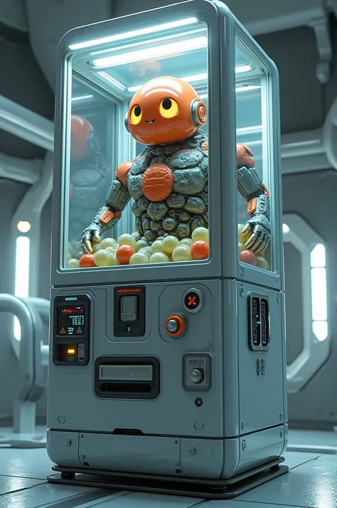 Realism Gachapon Machine，The Gachapon machine has two arms and two legs.，The internal capsule is visible，Space Station，Perfect real-life images，Science fiction movies