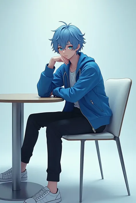 Handsome anime ai boy looking in front of camera sitting on chair and hand on table in studio wearing blue stylish jacket wearing black pants with white sneakers