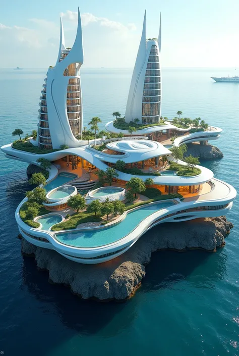 a futuristic floating residential area, carbon fiber architecture, high-tech materials, offshore living, celebrities, detailed architectural design, ultra-detailed, 8k, photorealistic, physically-based rendering, cinematic lighting, vibrant colors, dramati...