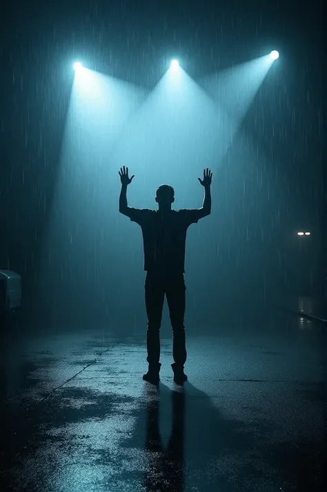 night, heavy rain, a man with his hands raised up stands in the rays of spotlights