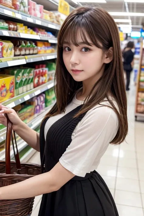  8k, best quality, high details, masterpiece,front view,Solo woman,expressionless, closed mouth, brown hair, 85mm,plastic shopping basket on left arm,black bla,brown flared skirt,looking straight,supermarket