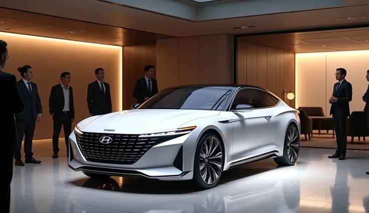 a high-detailed 2025 Hyundai Grandeur, white color, in a luxurious showroom interior, people viewing the car, extremely detailed, photorealistic, 8k, dramatic lighting, luxury materials, elegant design, premium details, studio lighting, sharp focus