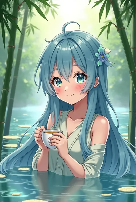 Masterpiece, Best Quality, Official Art, 8k Wallpaper, Very Detailed, Illustration, 1 Girl, Sky Blue Hair, Long Hair, Detailed Eyes, Forrest Gump, Bare Shoulders, Hanfa, Lake, Pure, Soft Smile, bamboo, tea, comical scene