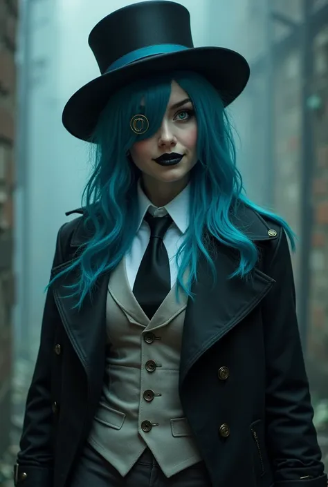 she is a sexy cute evil 2 that died and became an Overlord in hell, she wears a black top hat with a blue  band as well as a rimless monocle on her  left eye. She has long cyan hair, she is light black skin woman , evil smiling cyan fangs, and a forked ton...