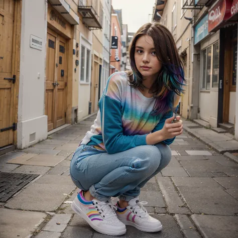 a beautiful brown-haired girl with multi-colored hair strands, portant un sweat arc-en-ciel et un jean, mitaines arc-en-ciel et baskets blanches,(best quality, masterpiece&#39;work), ultra-detailed, Realistic, photoRealistic, HDR, Ultra HD, studio lighting...