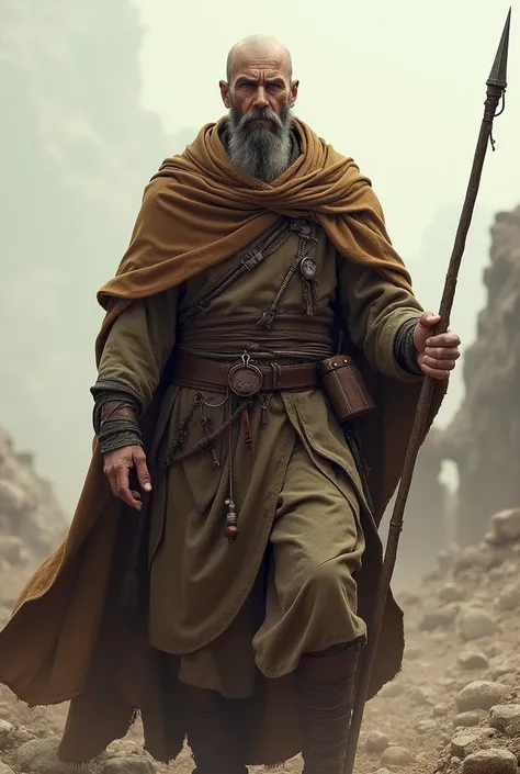 a war-forged monk standing in front wearing a brown cloak   