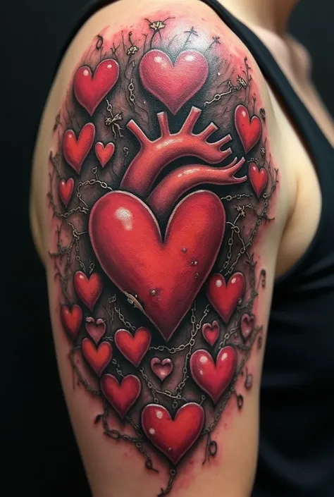 Tattoo of different types of hearts,  infinite hearts,  hearts with thorns,  Heart with chain,  Empty Heart , full heart, big heart, little hearts.....