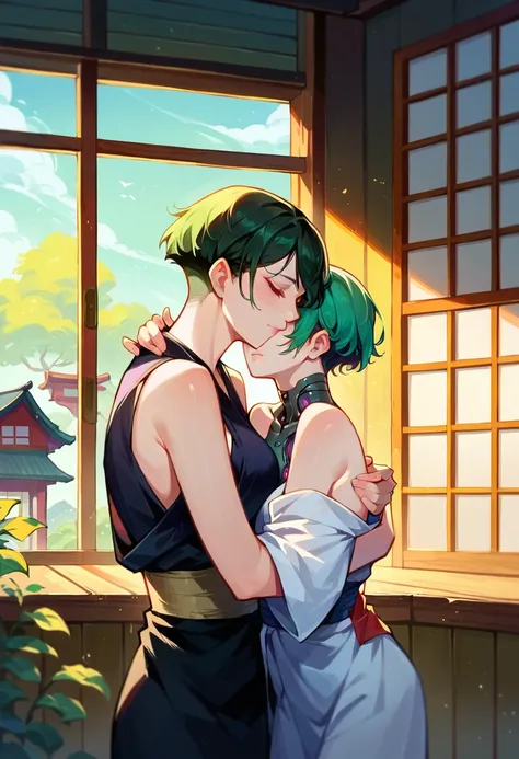 A short black haired Japanese teenage girl hugs a tall cyborg woman with green hair and a robotic neck and shoulders.,(There must be two people in the image),Inside a Japanese style house,hug,Two women