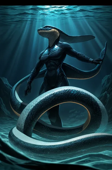 In the depths of the ocean, amidst the azure blue waters, a sea snake of extraordinary proportions glides effortlessly. This sea snake possesses a physique that defies its serpentine nature, its muscular form rippling beneath the water. Its scales shimmer ...