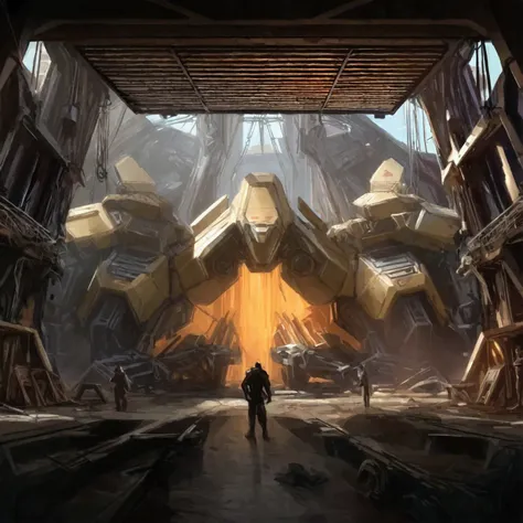 (setting Battle Tech) A enormous mech bay opens gigantic doors to reveal its inner working, 5 levels of scaffolding around war damaged mech, lots of cranes and huge tools, a bay waits for a new broken mech