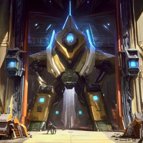 (setting Battle Tech) A enormous mech bay opens gigantic doors to reveal its inner working, 5 levels of scaffolding around war damaged mech, lots of cranes and huge tools, a bay waits for a new broken mech