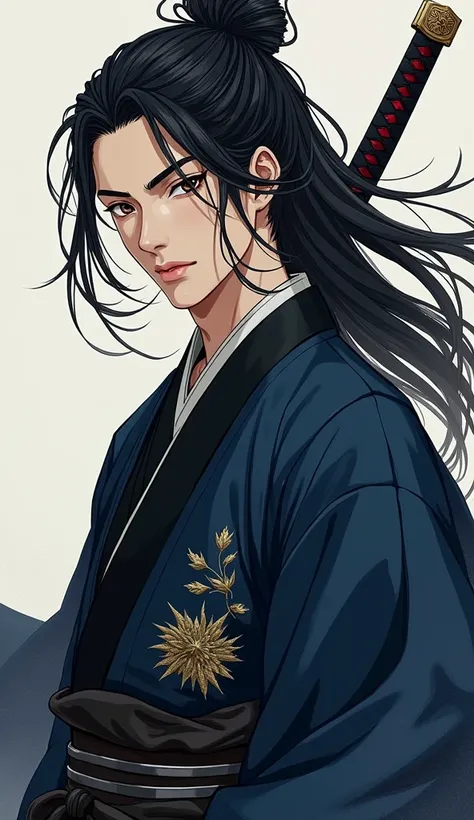 Create an image of Sasaki Kojiro, a legendary swordsman, depicted with modern yet strikingly handsome features. His face should have a refined, sharp structure, with a small, delicate shape and well-defined features that capture both his grace and intensit...