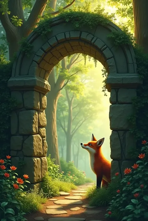 Entrance to the mysterious forest，The suns rays filter through the treetops，Ancient stone arch covered with vines，A little fox looked out curiously。