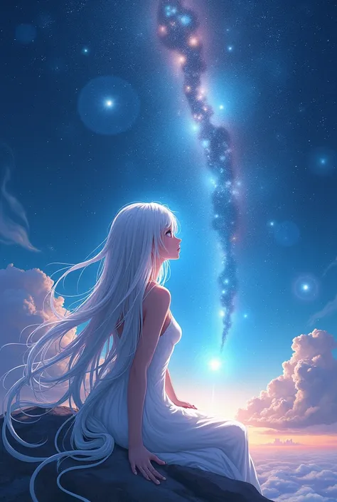 a white very long hair, turned back, watching the universe, Anime style