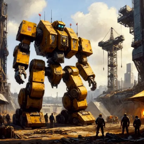 (setting Battle Tech) A enormous mech bay opens gigantic doors to reveal its inner working, 5 levels of scaffolding around war damaged mech, lots of cranes and huge tools, a bay waits for a new broken mech
