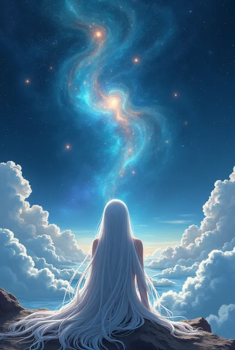 a white very long hair man, turned back, watching the universe, Anime style