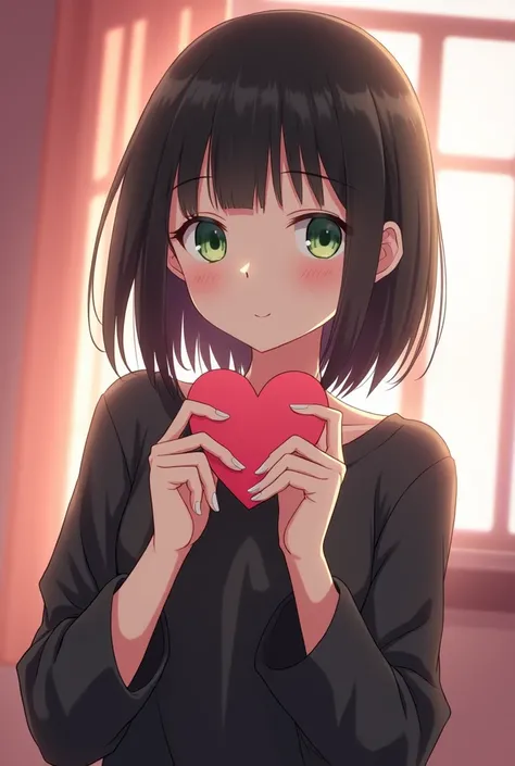 Ore monogatari style screenshot Beautiful teenage girl with black hair without bangs, Pale skin and big green eyes She has a heart-shaped card She has a loose black shirt In the background of a pink room with a window through which daylight enters 