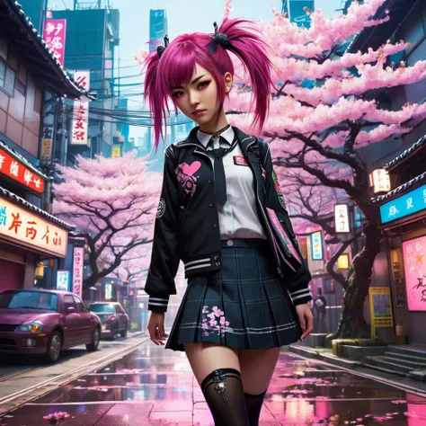 A punk Japanese schoolgirl stands at a crossroads between two worlds. On one side, a traditional Japanese school scene with cherry blossoms and pristine uniforms. On the other, a cyberpunk cityscape with neon lights and floating holograms. She straddles bo...