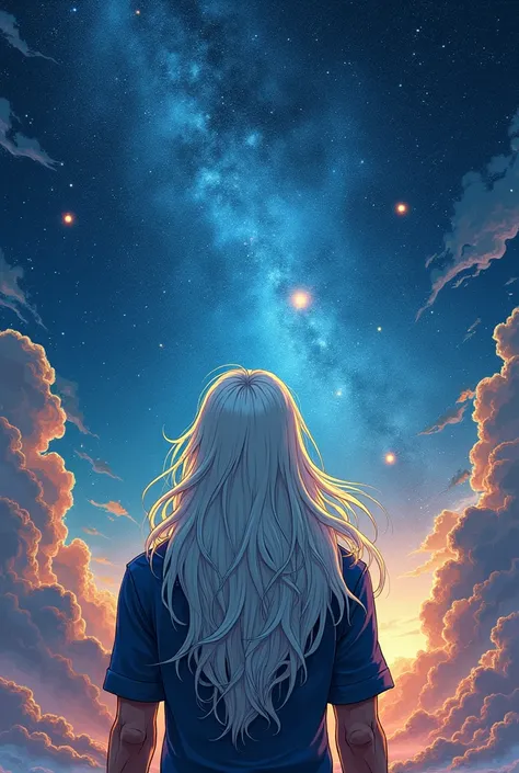 a white very long hair man, turned back, watching the universe, Comic 