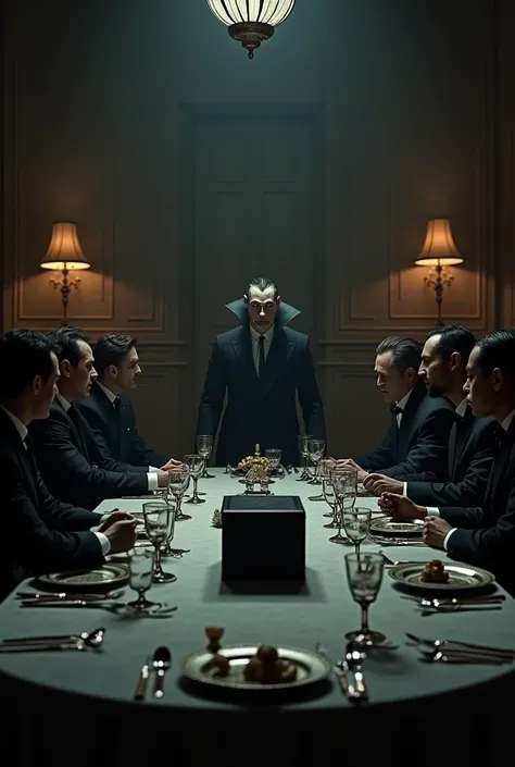 Many men sitting at a long table, in a dimly lit environment, some scared, some pretty ones, all wearing black suits, on the table top glass goblets and other, a black box,in the center a thin man dressed as a vampire, with yellow eyes he looks at the scen...