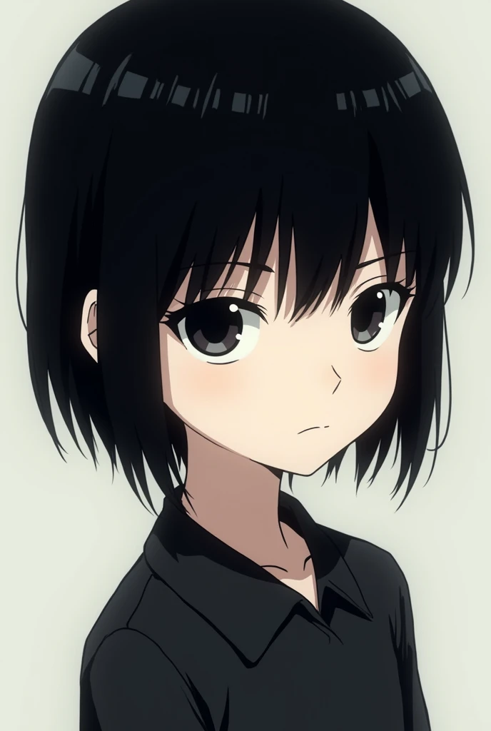 girl with short hair like a boy, black hair and black color eyes, pretty cold face, anime style 