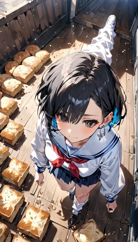 A woman is walking,Crushed bread in my wake,Black Hair,Hair has a light blue inner color,Short Hair,Silver earrings,Black Eyes,Lifted eye corners,Thick, long, loose socks,Sailor suit,Very high angle,Looking down from above