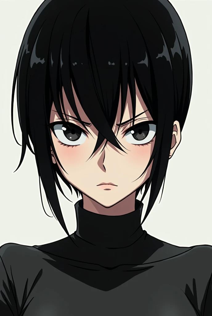 girl with short hair like a boy, black hair and black color eyes, cold face, anime style 